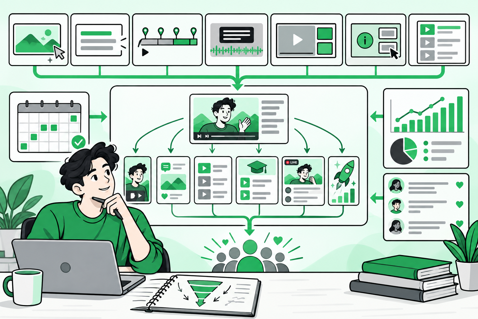 YouTube content strategy workflow for Shorts long form videos playlists courses and community posts